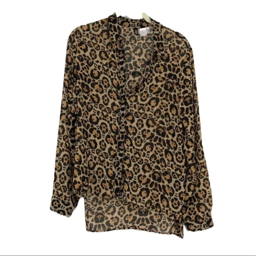 H&M  cheetah leopard print sheer button down blouse size 4 loose fit